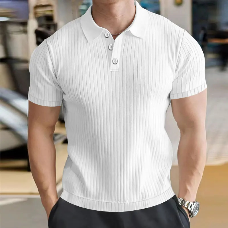 Summer mens retro knitted lapel striped polo shirt solid color thin comfortable short sleeved Tshirt item 250313