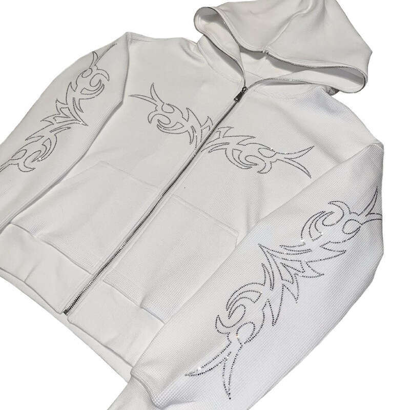 Halloween Style Autumn/Winter New Round Neck Loose Letter Hot Diamond Zipper Hoodie Waffle