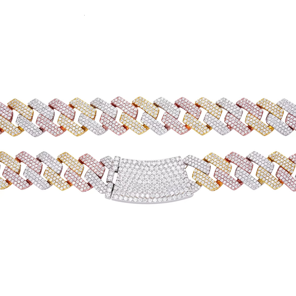 New Design Fashion Hip Hop 15MM Caged Back Iced Out Cubic Zirconia 14K Solid Gold Brass Three Color Plated Cuban Chain for Men