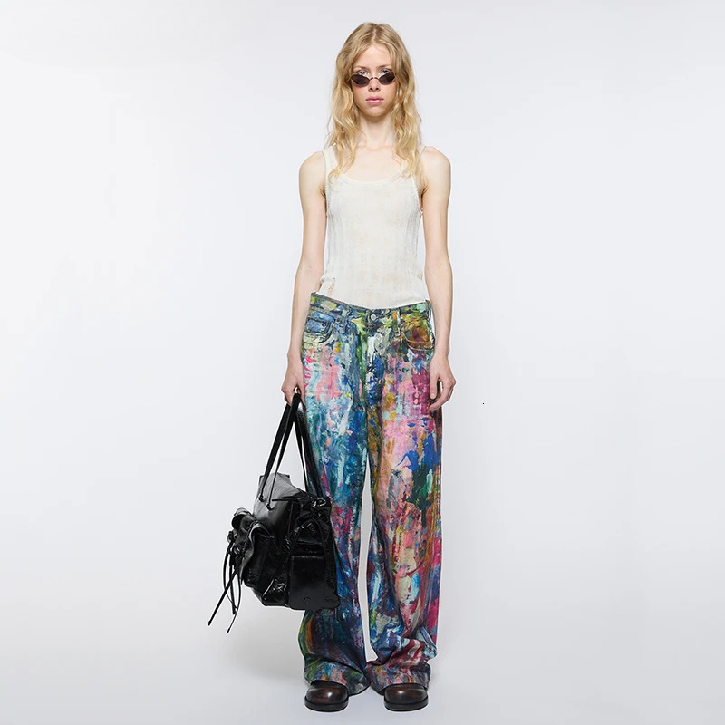 Unisex Aesthetic Paint Baggy Jeans Color Graffiti Straight Wide Leg Denim Pants Long Trousers Hip Hop Women Streetwear