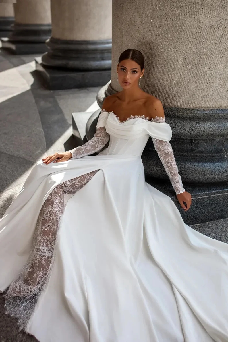 Princess A-Line Wedding Dress 2025 Off The Shoulder Long Sleeves Sweetheart Lace Applique Boho Beach Bridal Gown Vestido De Novia