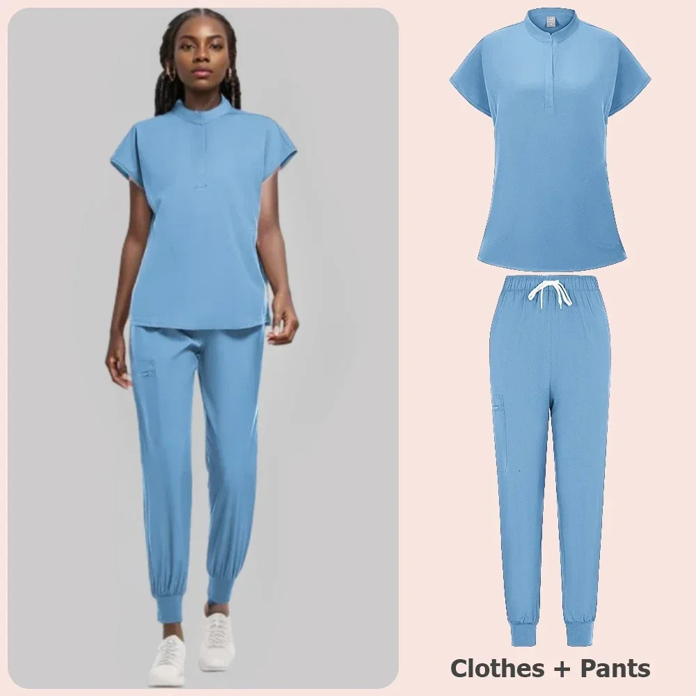 Plus Size Scrubs Set Women Nurse Uniforms Stand Neck V-cut Scrub Top Jogger Pants Vet Doctor Healthcare Workers Workwear 250312