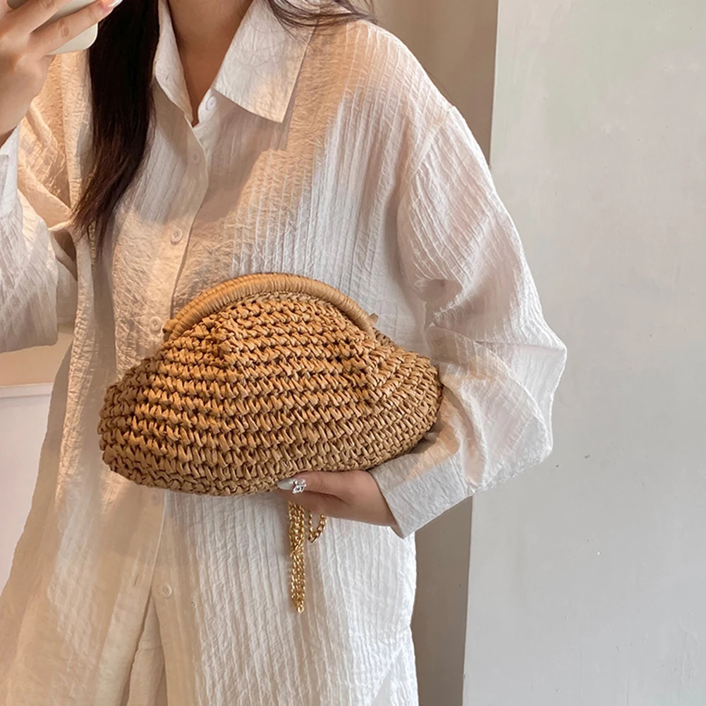 Women Straw Woven Bag Chain Strap Straw Clutch Purse Large Capacity Stylish Crossbody Bag Solid Color for Summer Beach R250312