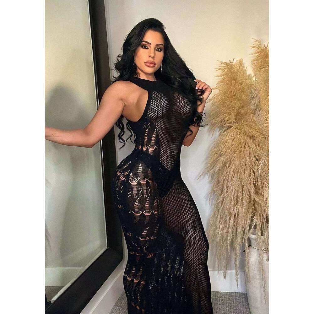 Hollow Mesh Sweater Style Vacation Sexy Long Skirt Knitted Slit Dress Summer