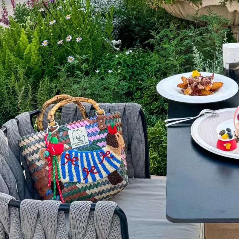 Summer Cute Dahund Casual Vegetable Basket Retro Colorful Wicker Woven Beach Straw Bags Girls Women Travel Handbag