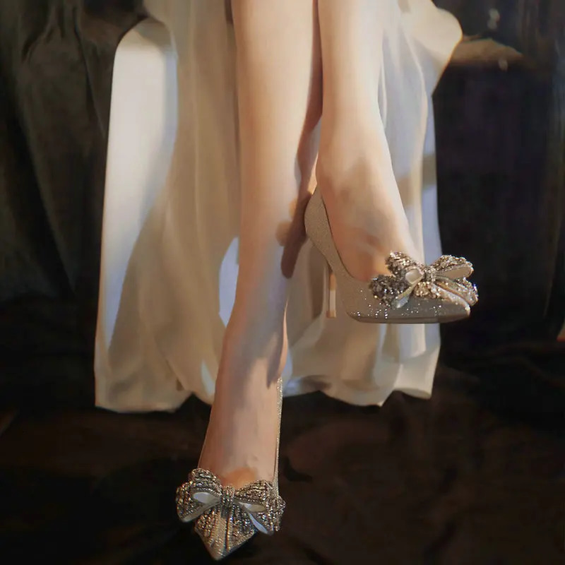 Winter Womens Silver Butterfly Wedding Shoes Bridal High-heel Wedding Sress Crystal Pumps 250312
