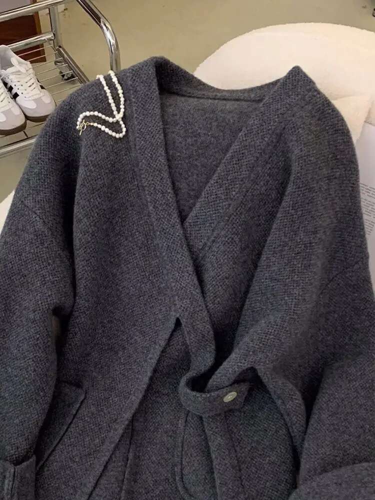 Grey V-Neck Diagonal Buckle Raccoon Veet Mid Lenght Sweater For Women Autumn/Winter Thick And Lazy Style Loose Casual Cardigan