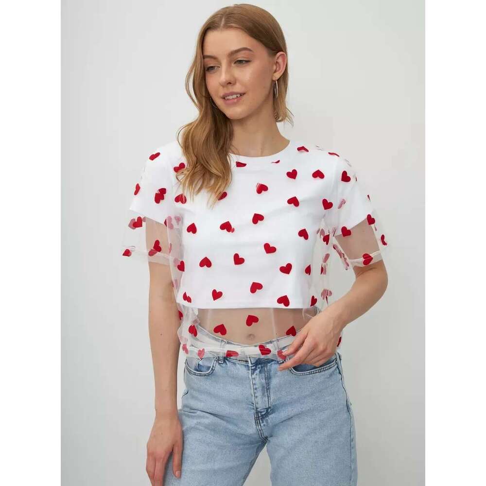 Heart Mesh Patchwork Vintage Streetwear Aesthetic Chic T Shirt Women Casual Cotton Short Sleeve Tops Y2k