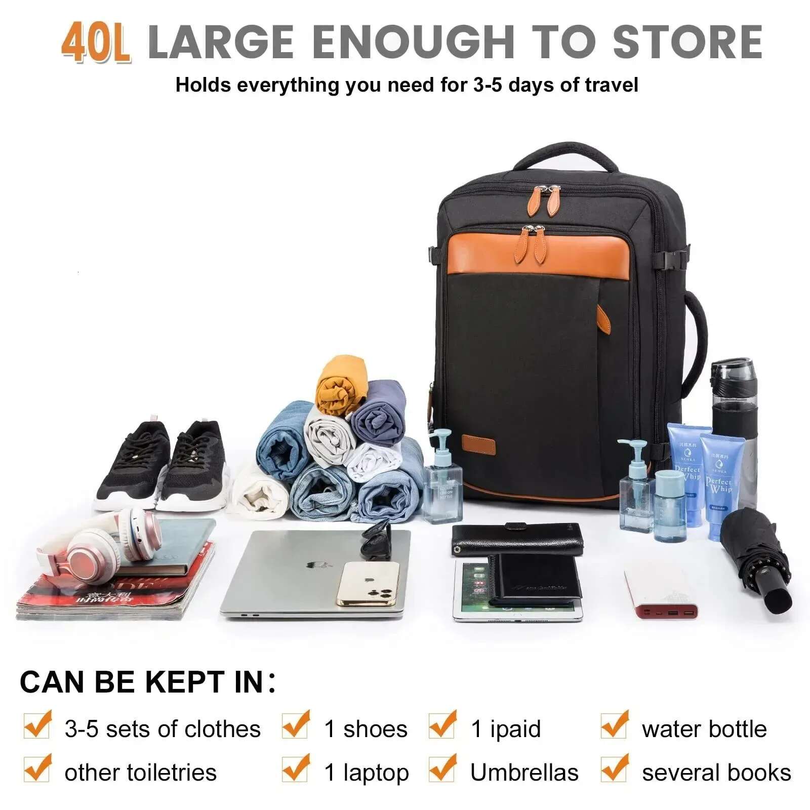 40L Capacity Laptop Expandable Large Suitcase Waterproof Lage Travel Backpack