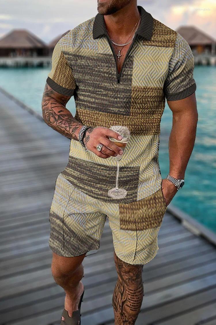 Designer Shirts Men: Bohemian Geometric 3D Print Polo Shirt Zipper Lapel Set & Shorts - Hawaiian Holiday Outfit
