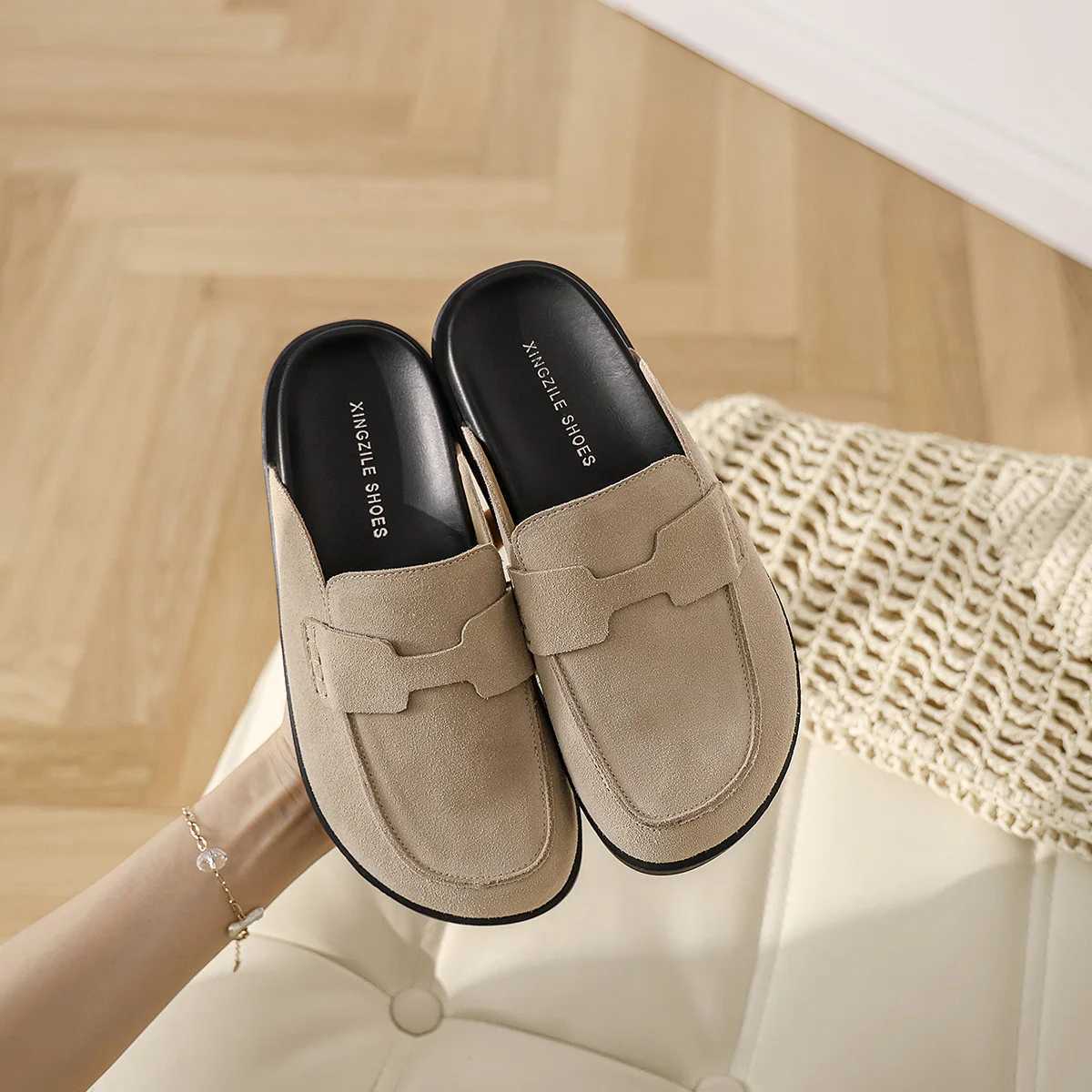 Womens genuine leather shoes womens slippers Loafers Low Pantofle Flock Cover Toe Buckle Strap 2024 Rome Hoof Heels Rubber Fab Y250312