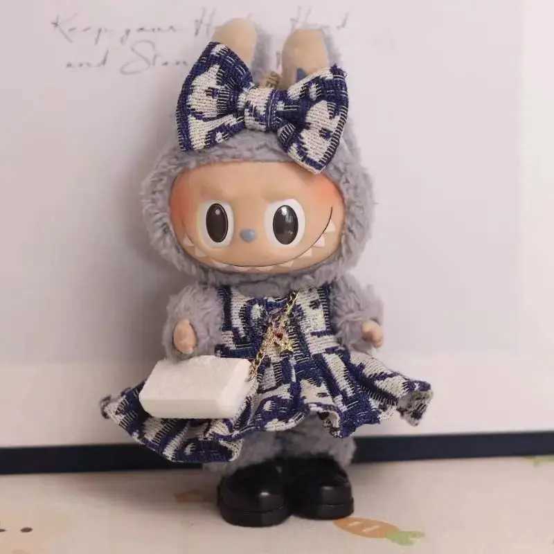 Hot Sale 17cm Labubu Cute Printed Denim Dress High-End Custom Handmade Vinyl Doll Toy Clothes Mini Camellia Shoes Festival GiftT250313