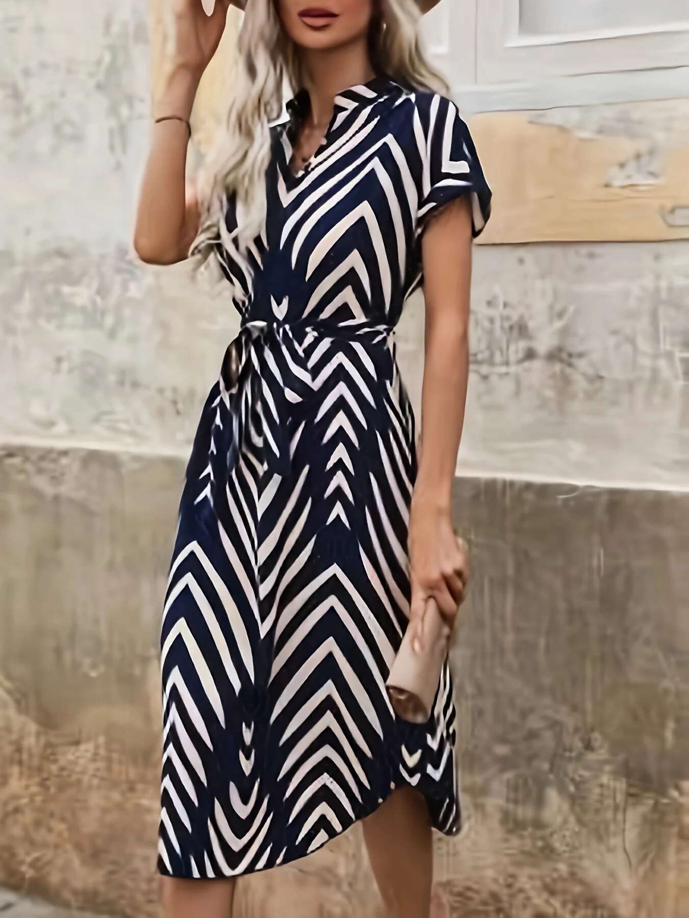 2024 Summer New Fashion Clothing Women's Elegant And Casual V-Neck Short Sleeved Stripe Belt Comfortable Dress