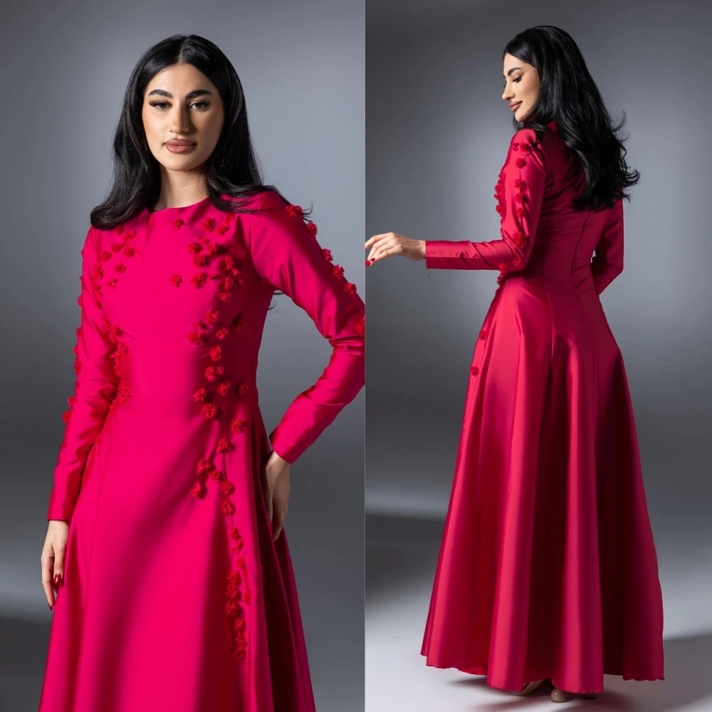 Customized Jiayigong s Flower evening dresses Draped fuchsia A-line O-Neck Bespoke Occasion prom Gown arabic garment