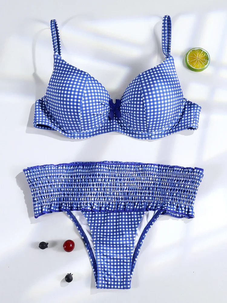 Miyouj Push Up Bikini Set Plaid Print Swimwear Sexy Swimsuit Women String Beachwear Pleated Bathing Suits Ruffle Biquini 250311