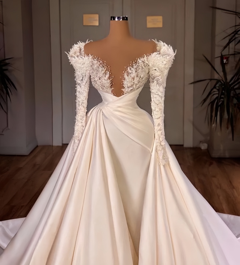 Elegant Satin Luxury Wedding Dresses With Lace Long Sleeves Transparent V-Neck Beaded Chapel Bridal Gowns Court Train