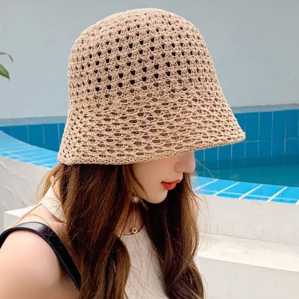 Spring and trendy woven hollow bucket summer sun protection straw hat, fashionable internet celebrity breathable baseball cap