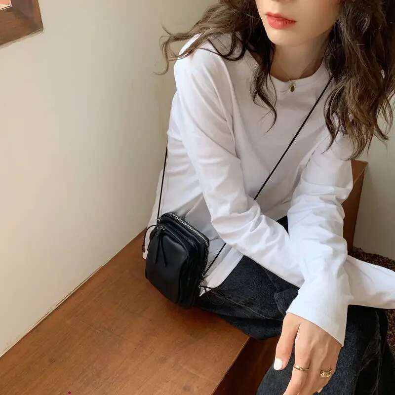 2025 White Long Sleeve T-Shirt Women's Loose Fit Round Neck Versatile Solid Color Spring Autumn Base Layer Tns