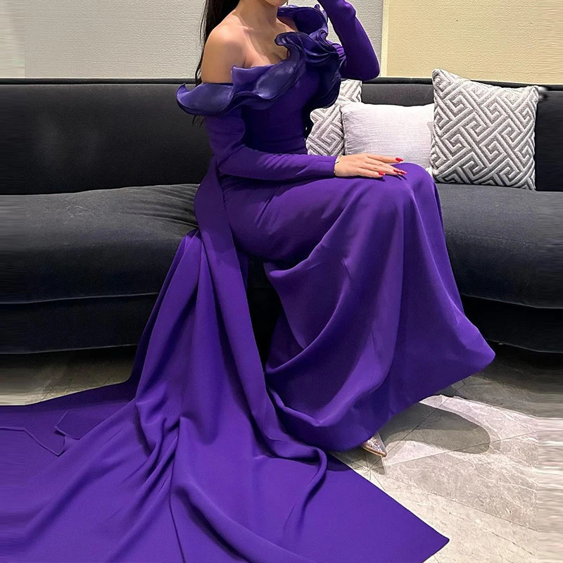 Purple Ruffle Off Shoulder Womens Evening Dress Fashion Temperament Slim Robe Dresses Sexy Hollow Out Long Sleeved Party 250313