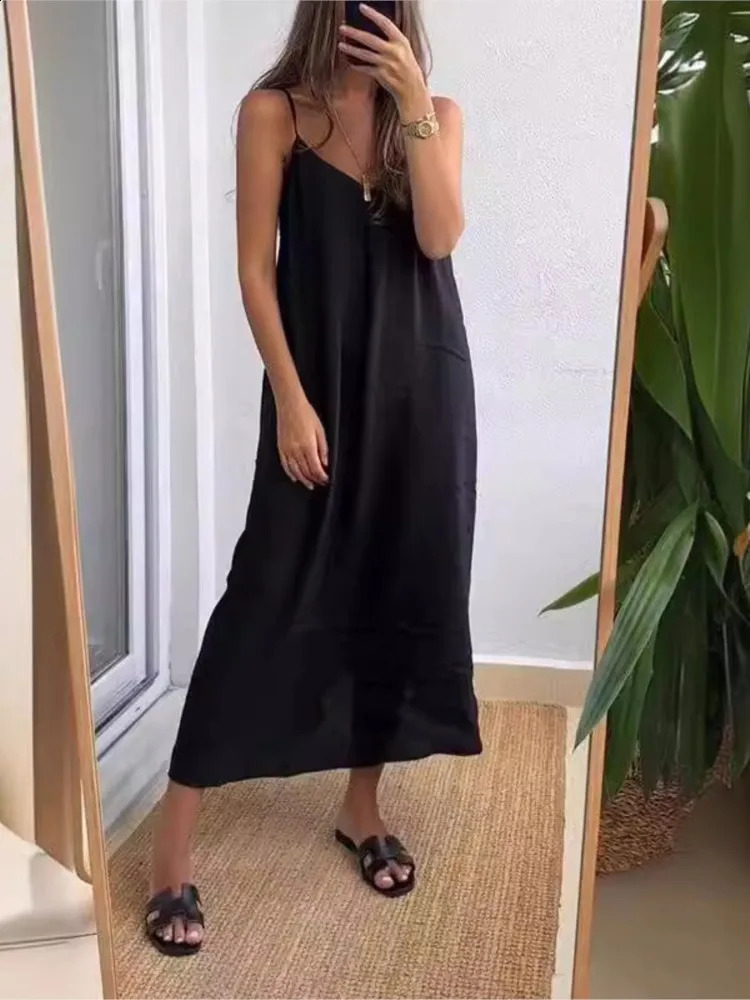 2025 Women Sleeveless Long Dress Loose Slim Camisole Suit V-neck Smooth Color Casual Style Fashionable Summer Novelty 250313