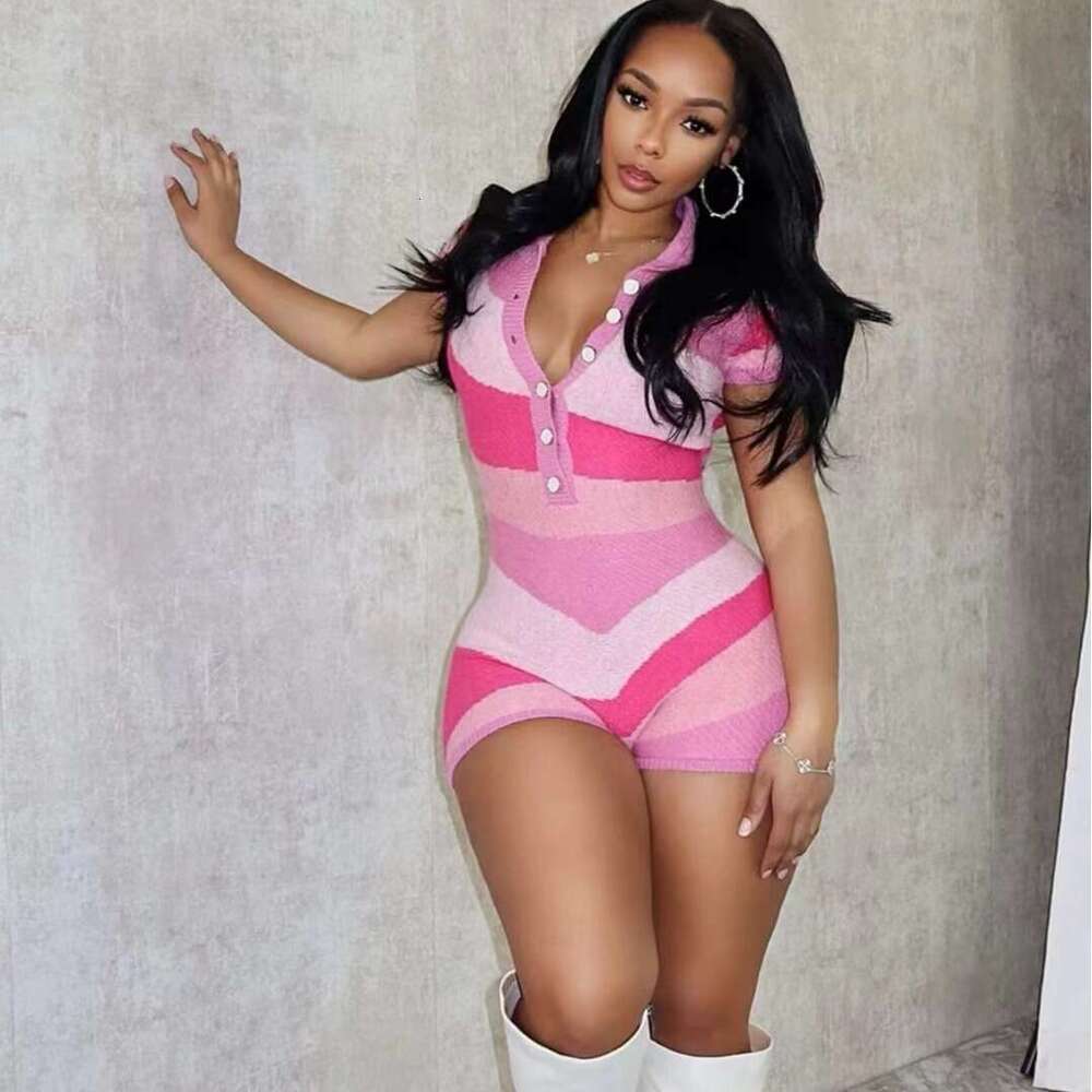 New Spring And Summer Woolen Fashion Elegant Contrasting Color V-Neck Short Sleeved Jumpsuit Knitted Set For Women