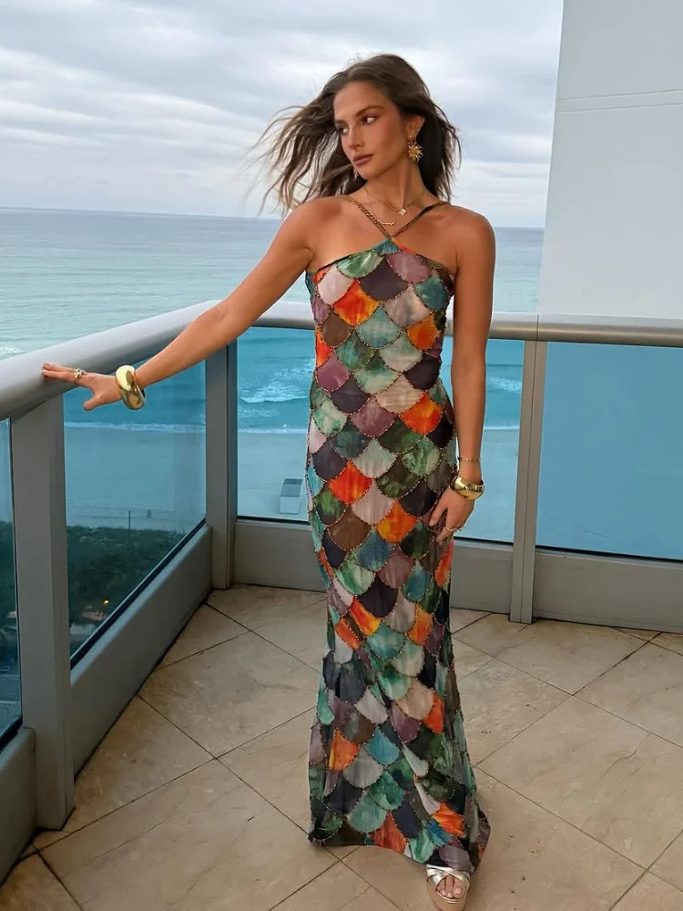 Sexy womens printed Maxi dress fashionable suspender backless sleeveless body high waisted robe beach vacation vest 250313