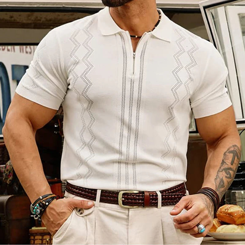 Summer Mens Clothing y Patchwork Knit Polo Shirt Leisure Zipper Short Sleeve Retro Geometric Fashion Knitwear 250313