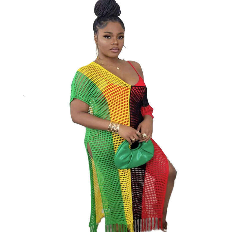 Summer New Women's Long Sexy Woolen Hand Hook Knitted Tassel Color Blocked Beach Skirt For Women