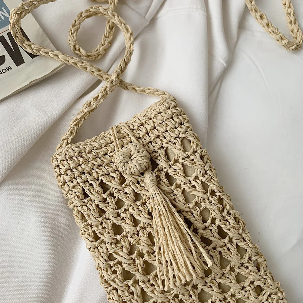 Female Vintage Crossbody Phone Bag Straw Rope Hand-woven Vacation Mini Purse Women Casual Mobile Phone Pouch Streetwear R250312