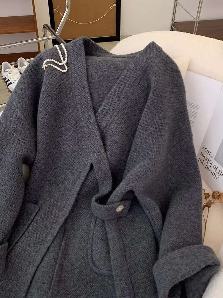 Grey V-Neck Diagonal Buckle Raccoon Veet Mid Lenght Sweater For Women Autumn/Winter Thick And Lazy Style Loose Casual Cardigan