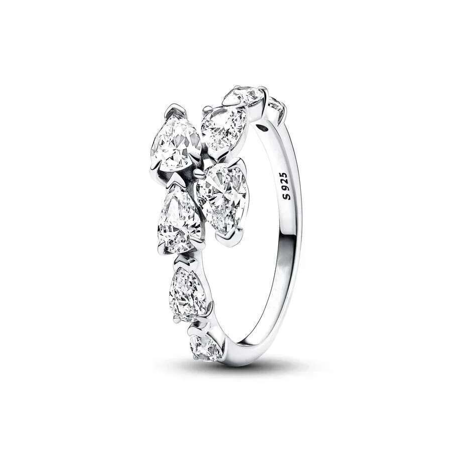 NEW 925 Sterling Silver Pretty Sparking Asymmetrical Herbarium Cluster Band Pear Halo Timeless Crossover Dual Band Ring Gifts