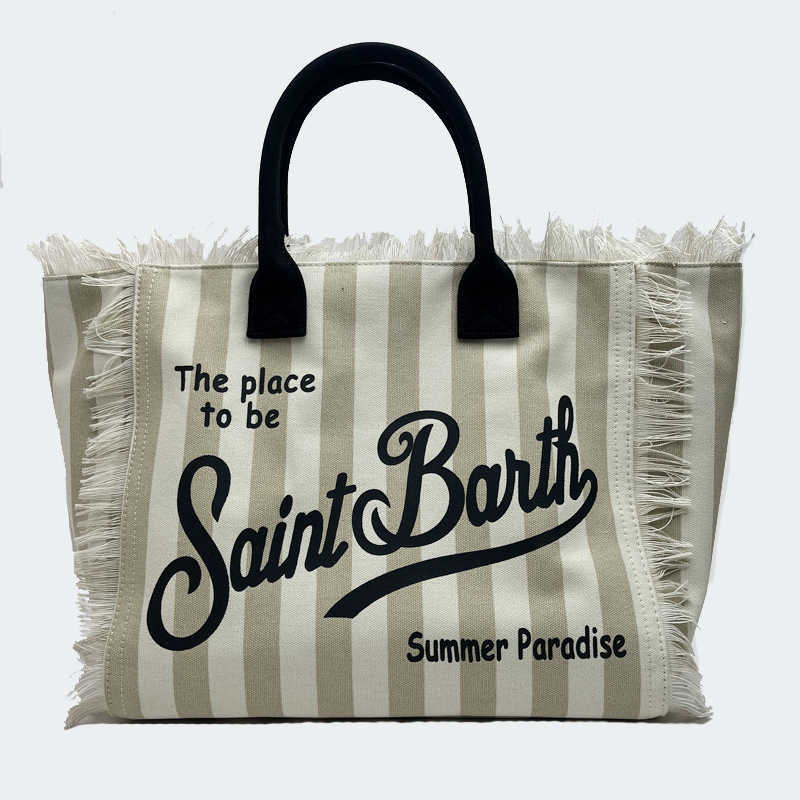Saint Barth New Women's Large Capacity Casual Beach Canvas Striped Tassel Handheld Tote Bag 250315