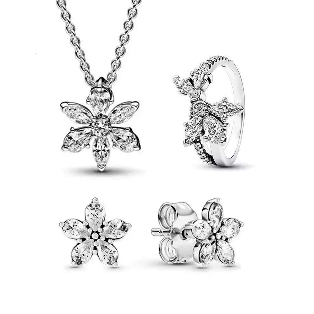 Earrings 925 Sterling Silver Sparking White Glass Flower Series Earrings Charms Necklace Ring Women's Fine Jewelry Gift