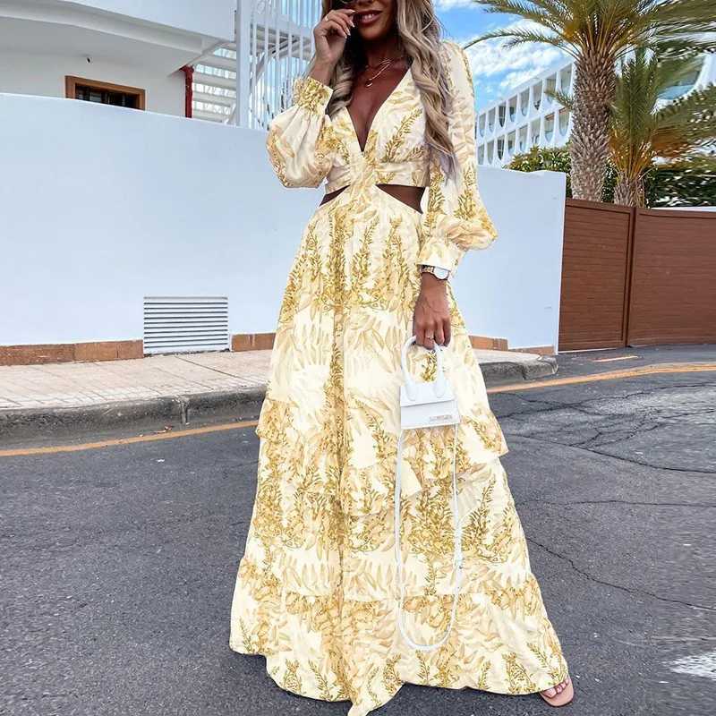 Urban Sexy Dresses Spring New Long Dr Fashion Printed Sexy Dp V Neck Long Slfed Dr Womens Elegant Hollow Ruffle Splicing Maxi Dr Y240312GZBL