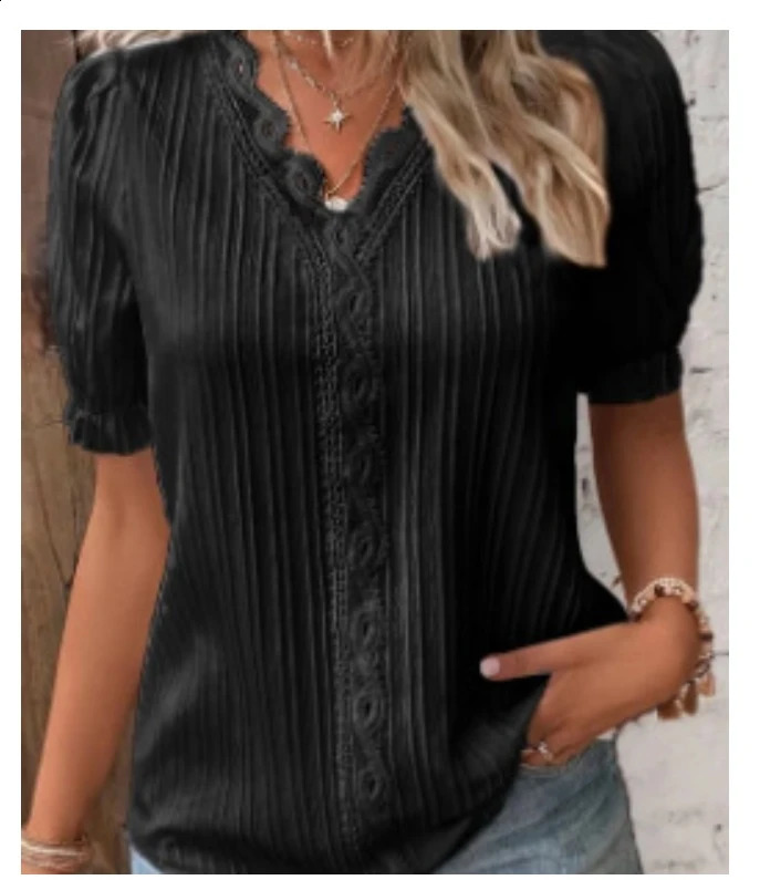 Womens Summer Top Solid Sexy V-Neck Hollow Short Sleeve Shirt Fashion Splice Plus Size Blouse Loose Street Apparel 250313