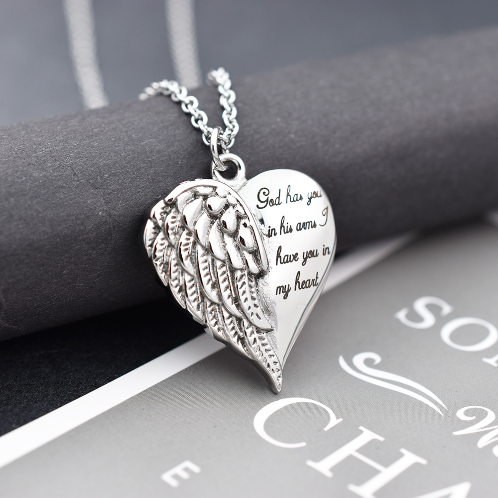 Engraved Angel Wing Heart Pendant Cremation URN Necklace - Memorial Jewelry with Keepsake Box