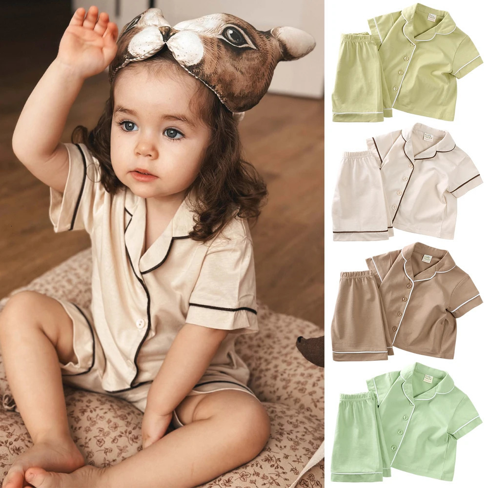 Summer Kids Pajamas Sets Soild Cotton Short Sleeves Comfortable Clothes Baby Pyjamas Loungewear Toddler Boy Girl Sleepwear 250312