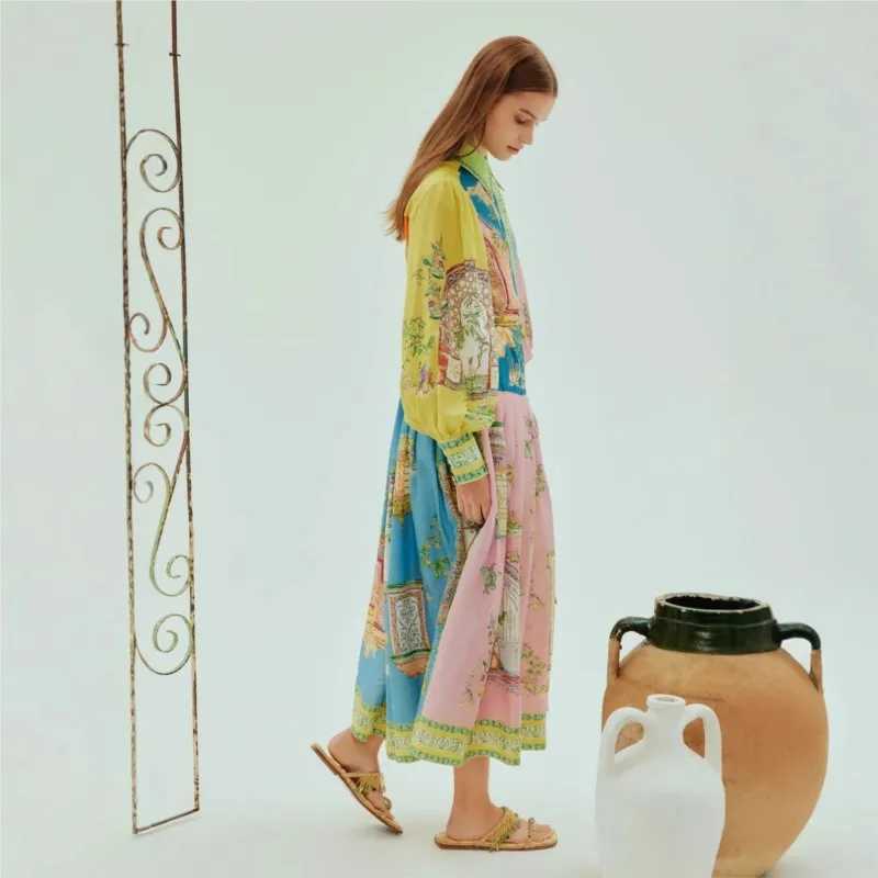 Urban Sexy Dresses 2025 Spring and Summer Printed Flower Collar Long Sleeve Single Chest Strap Womens Bohemian Holiday Party Dress Y240312IO53