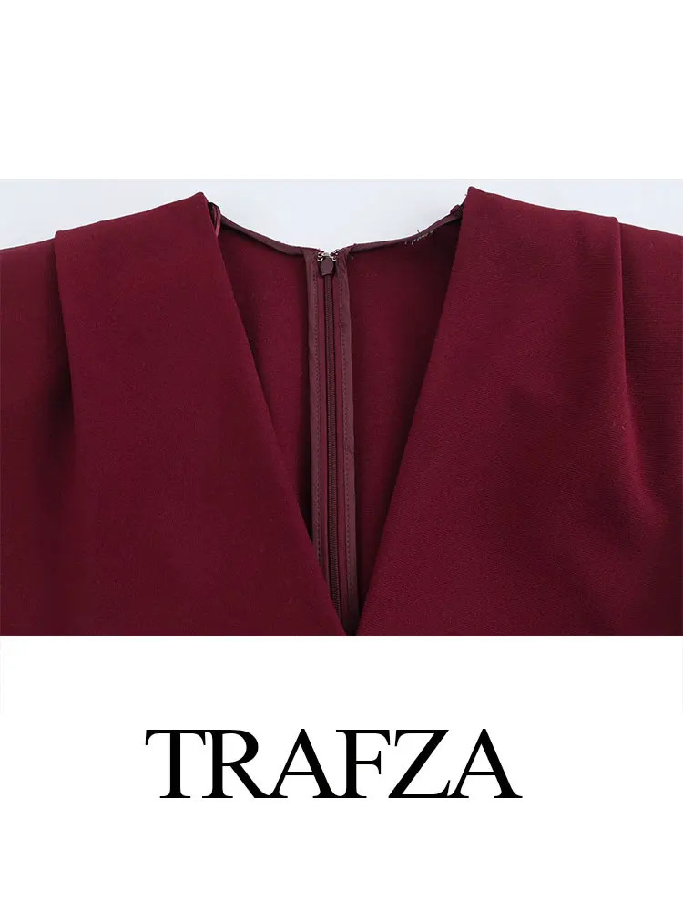 TRAFZA Summer Womens Fashion Dress Trend Wine Red Ultra Thin Midi Folded Evening Vestidos 250313