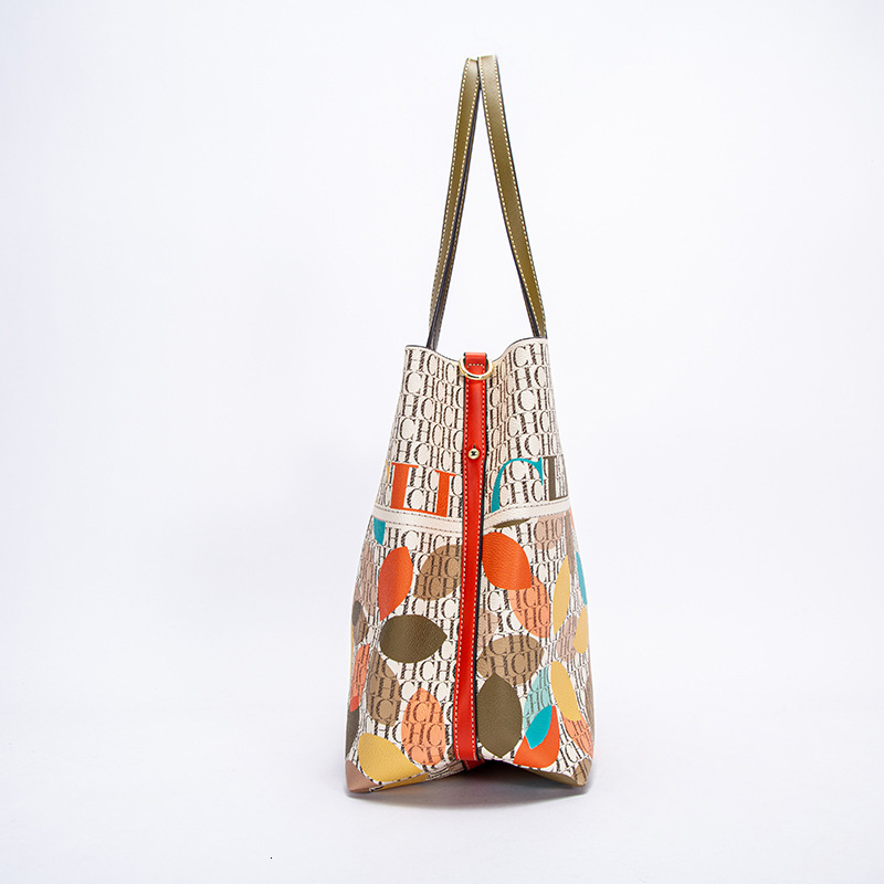 CHCH Women's PU Bucket Classic Letter Style Color Printed Shoulder Bag Large Capacity Handbag