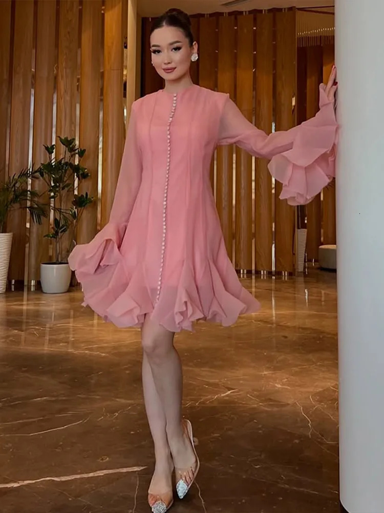 Trumpet Sleeves Puffy Short Dress Woman Single Breasted Lace Waist Cinching Solid Color ONeck Dresses Elegant Women Mini 250313