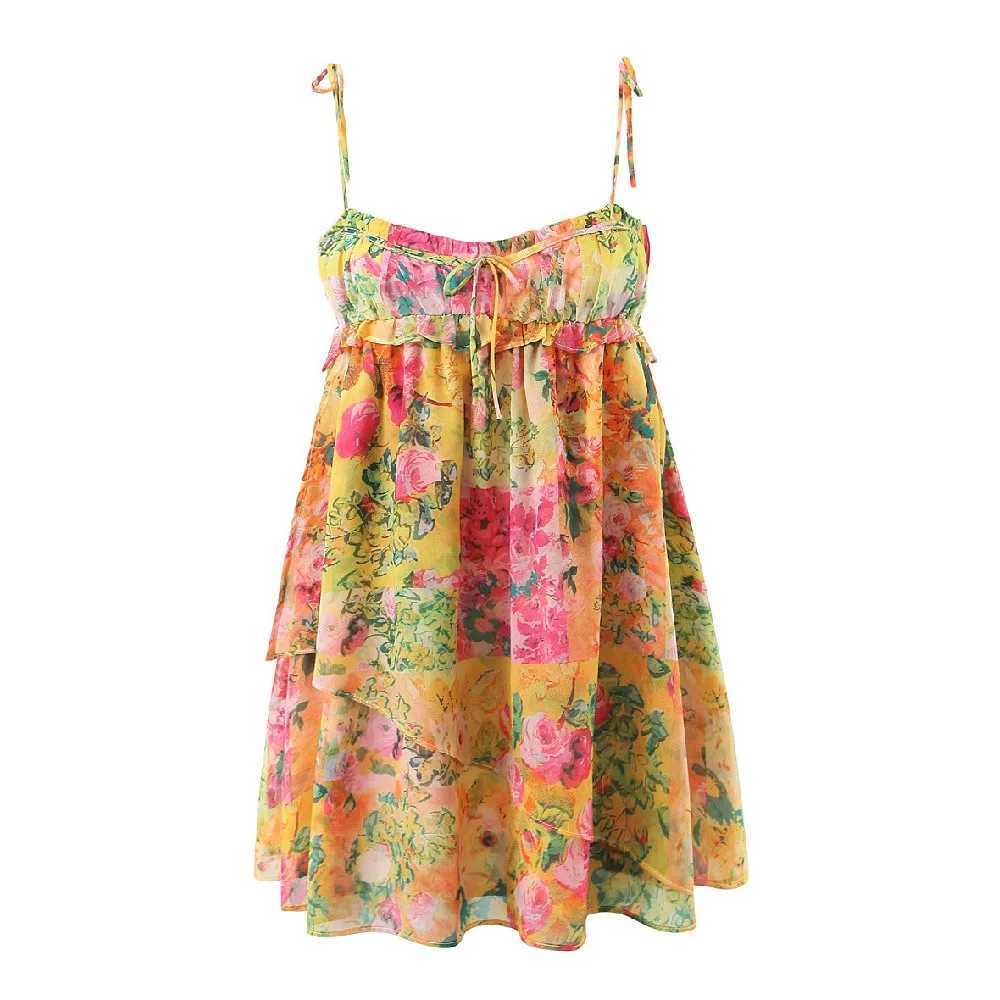 Urban Sexy Dresses Womens Bow Lace Strap Holiday Robe BOHO Ruched Chest Orange Flower Print spaghetti Strap Mini Dr Y2403125J06