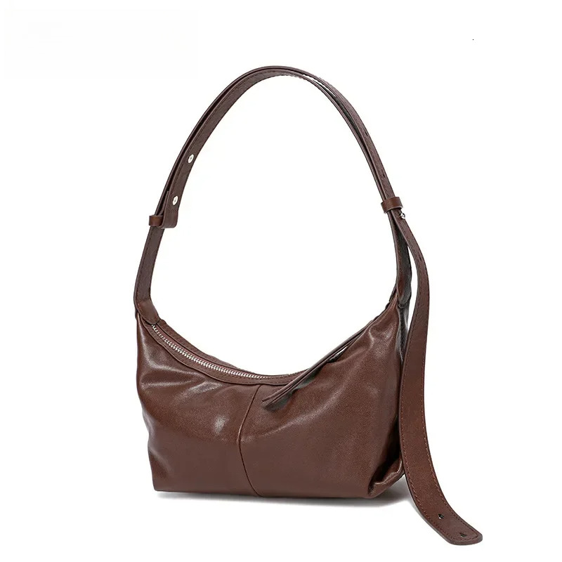 Less Is More Minimalist Style Coffee Color Hobo Tote Vegetable Tanned Cow Leather Women Shoulder Bag Adjustable Handle Handbag