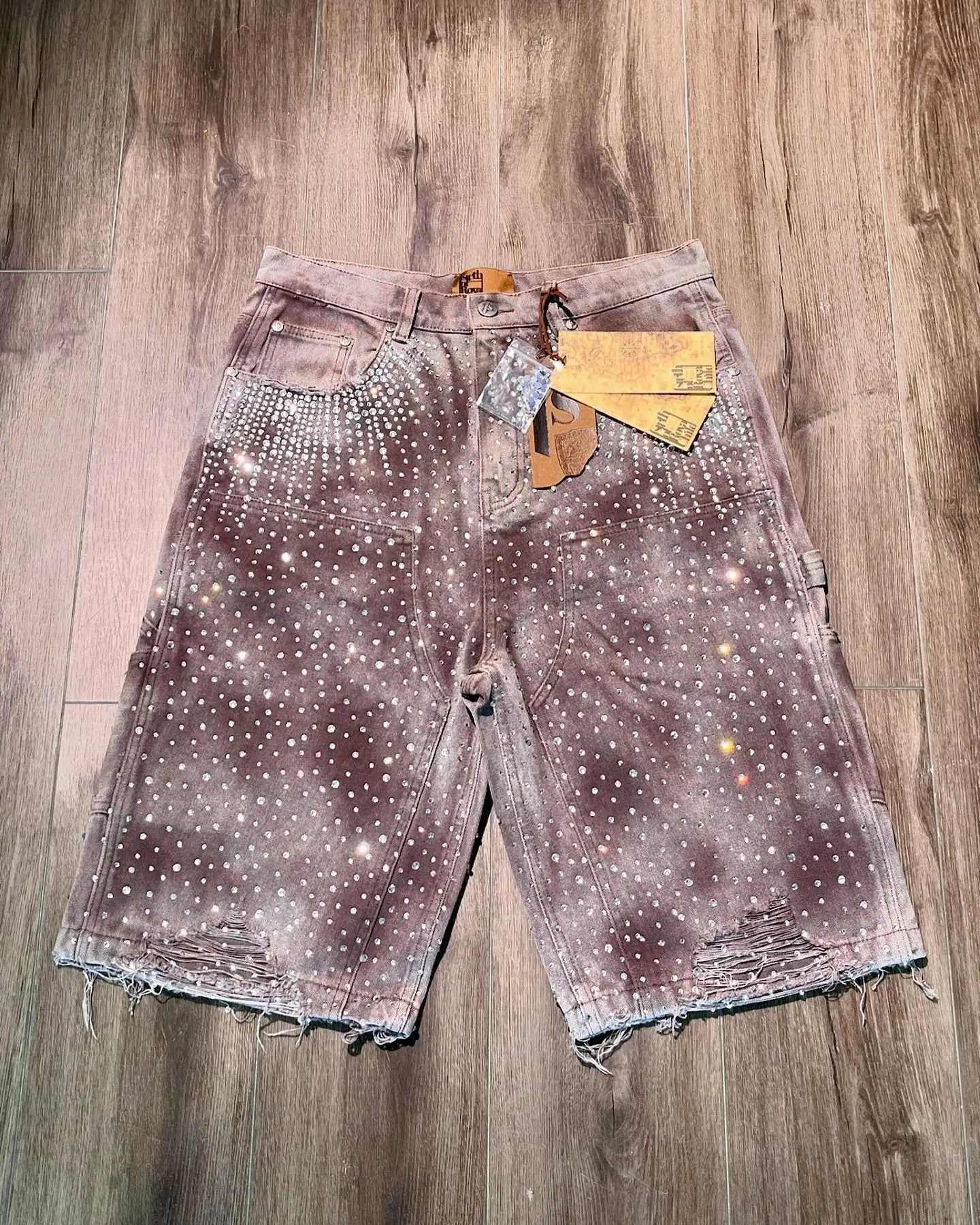Streetwear shorts Y2K jeans American hip-hop retro Rhinestone sequin pocket denim gym shorts new high waisted casual shortsXJ250313
