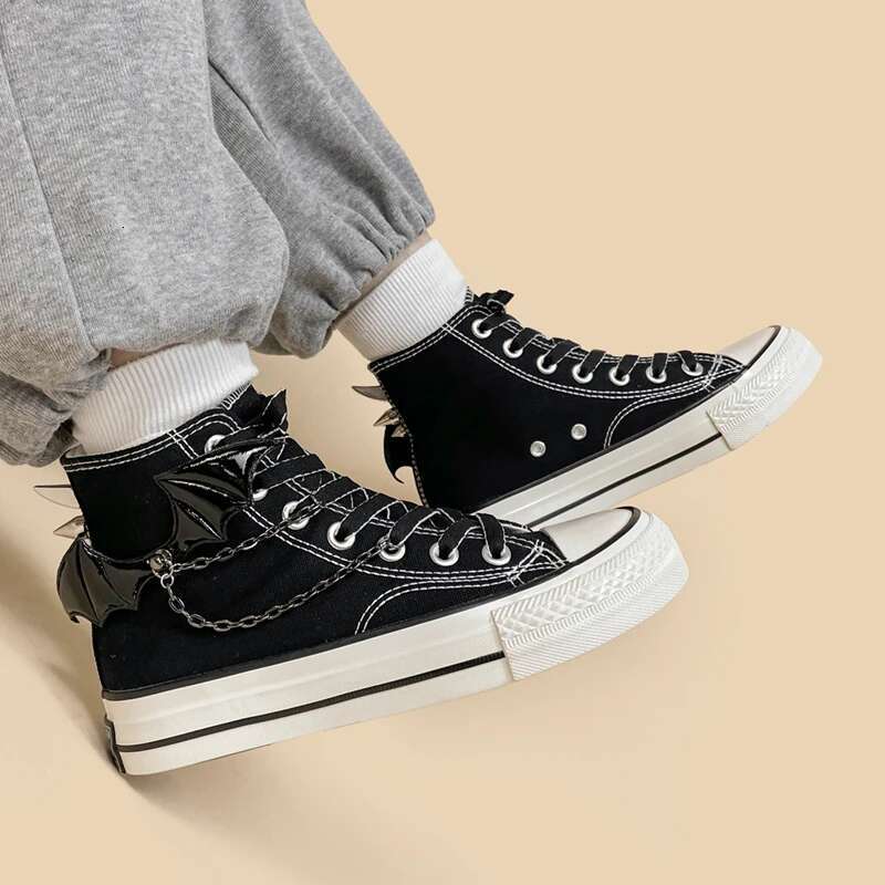 Black Punk Gothic High Top Canvas Shoes - Handmade hot Women's Sneakers for Casual & Student Style