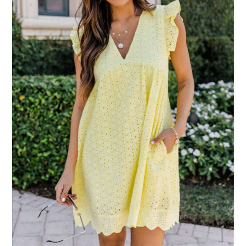 European American women's lace jacquard hollow V-neck dress with double layered pocket cover, versatile and trendy new clothing in 2025