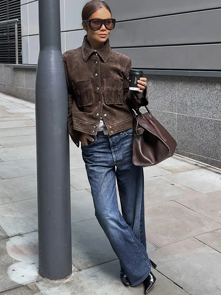 Classic Brown Single Chest Jacket Womens Retro Suede Collar Pocket Short Sleeve Versatile Spring Chic Street 250312