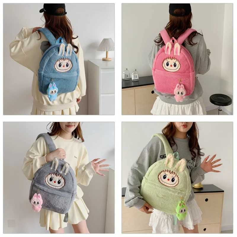 Cartoon Labubu Plush Backpack Kawaii Doll Color Large-Capacity Backpack Student Bag Girl Surprise Birthday GiftT250313