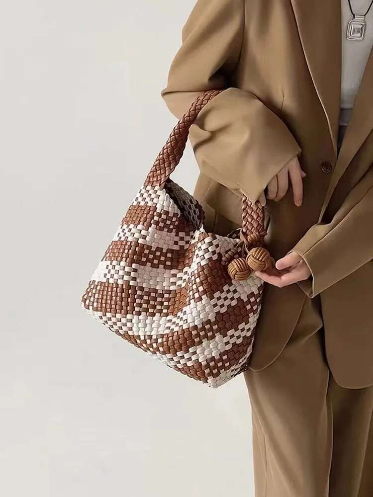 Woman Large Casual Tote PU Leather University Striped Mistress Gift Woven Shoulder Bag