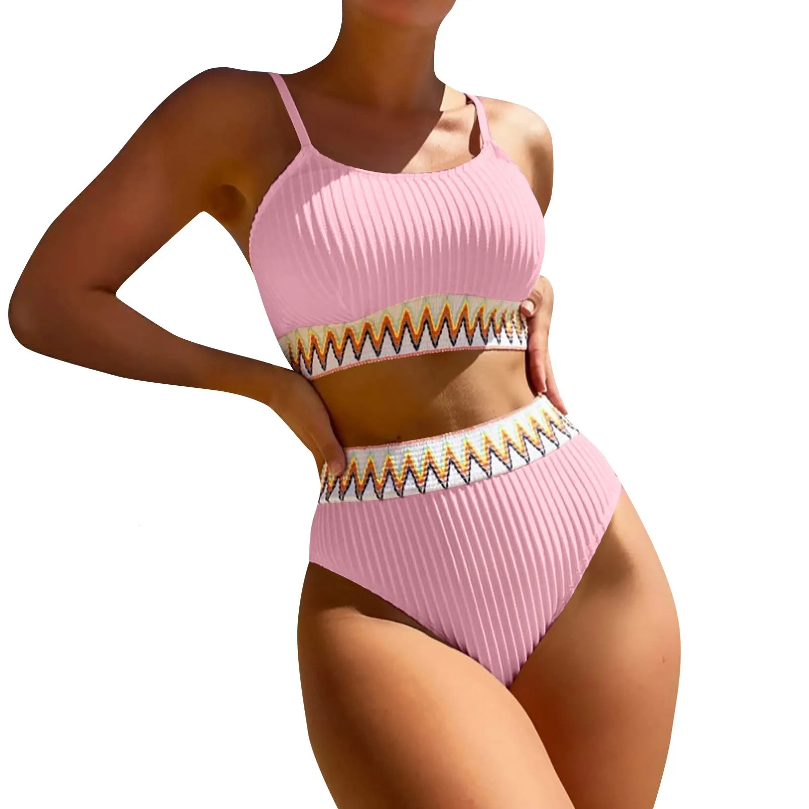 Womens High Waist Bikini Set V Neck Two Piece Swimsuit Color Block Front Twisted Sets Clothing 250311